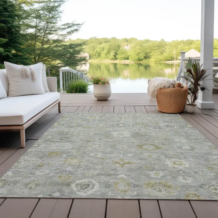 Gray Ivory And Gold Damask Washable Indoor Outdoor Area Rug Photo 5