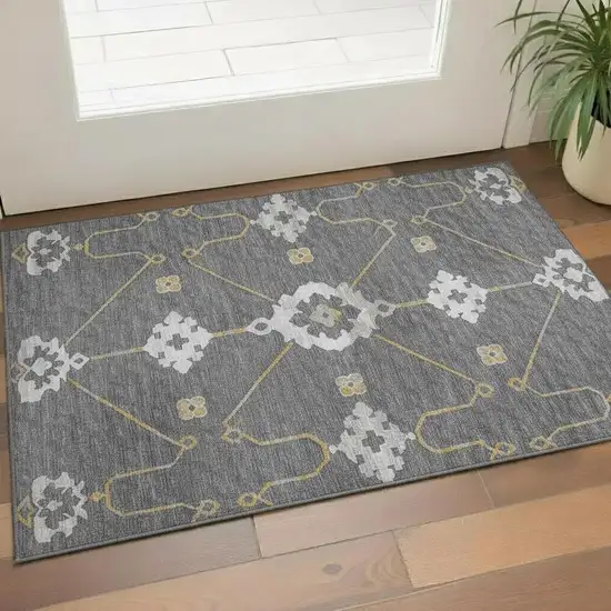 Gray Ivory And Gold Floral Medallion Washable Area Rug With UV Protection Photo 1