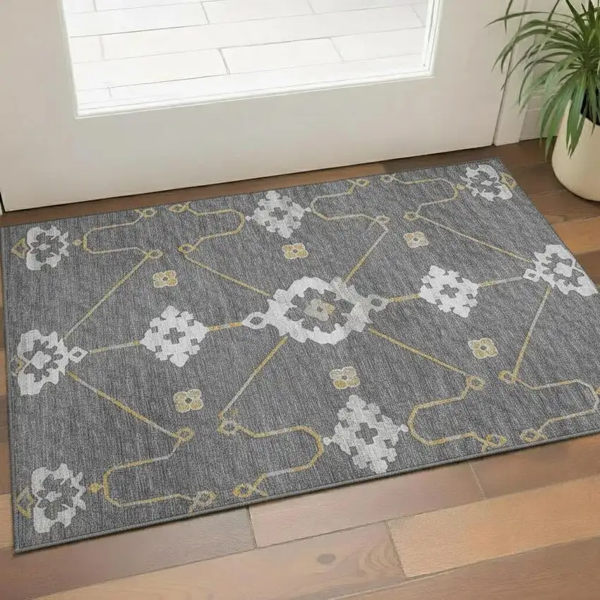 Gray Ivory And Gold Floral Medallion Washable Area Rug With UV Protection Photo 1
