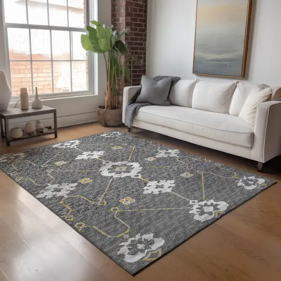 Gray Ivory And Gold Floral Medallion Washable Area Rug With UV Protection Photo 4