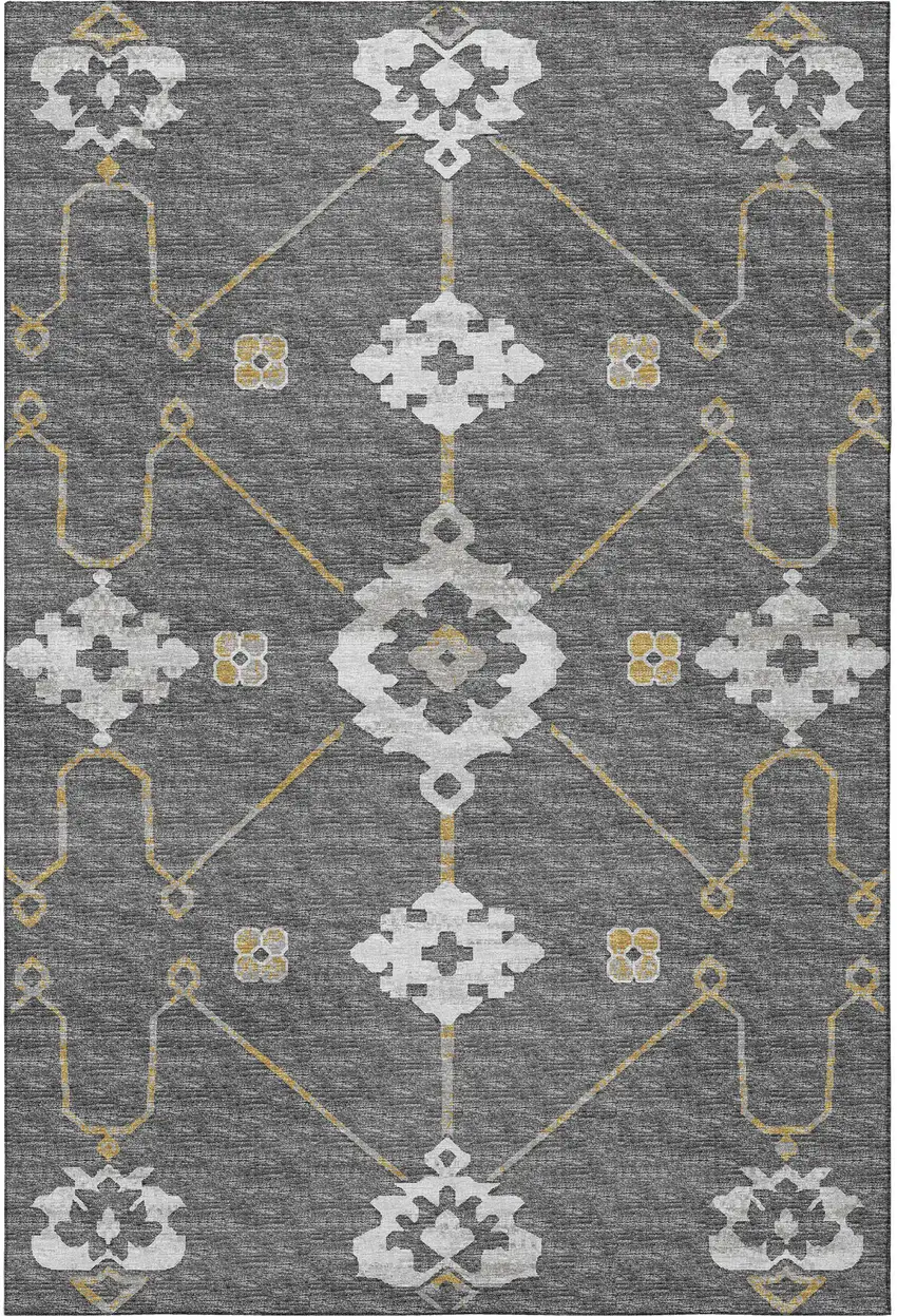 Gray Ivory And Gold Floral Medallion Washable Area Rug With UV Protection Photo 6