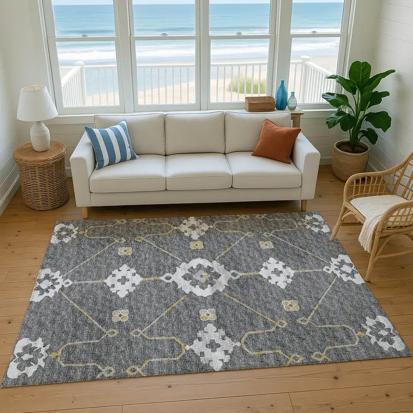 Gray Ivory And Gold Floral Medallion Washable Area Rug With UV Protection Photo 5