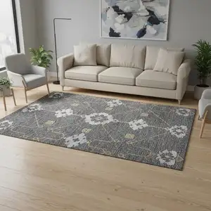 Photo of Gray Ivory And Gold Floral Medallion Washable Area Rug With UV Protection