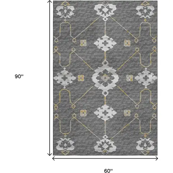 Gray Ivory And Gold Floral Medallion Washable Area Rug With UV Protection Photo 3