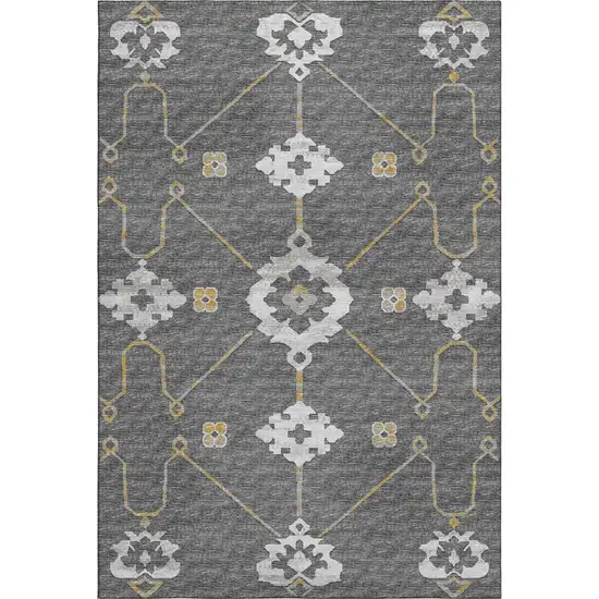 Gray Ivory And Gold Floral Medallion Washable Area Rug With UV Protection Photo 2