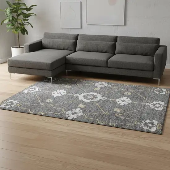 Gray Ivory And Gold Floral Medallion Washable Area Rug With UV Protection Photo 1