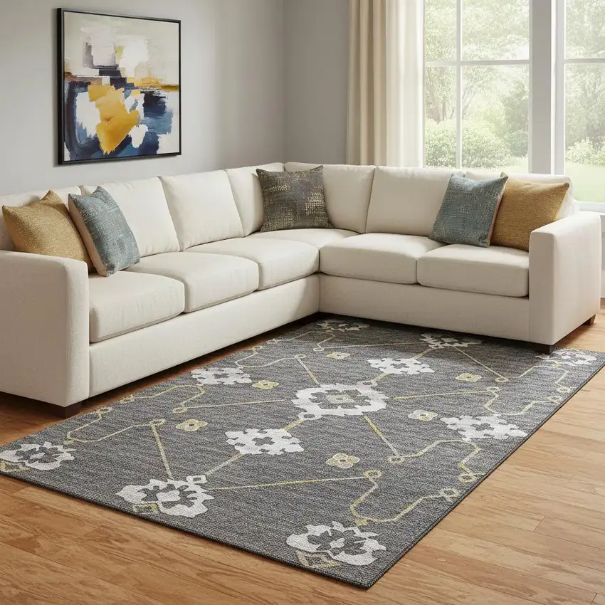 Gray Ivory And Gold Floral Medallion Washable Area Rug With UV Protection Photo 1
