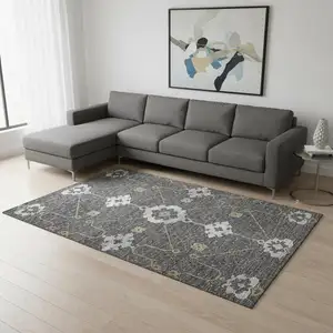 Photo of Gray Ivory And Gold Floral Medallion Washable Area Rug With UV Protection
