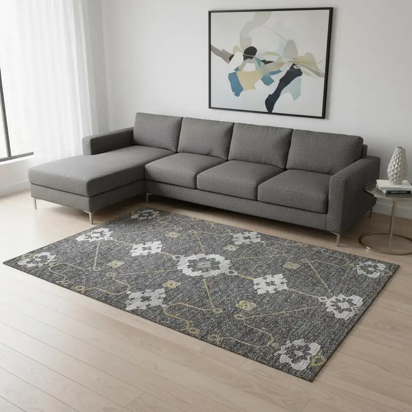 Gray Ivory And Gold Floral Medallion Washable Area Rug With UV Protection Photo 1