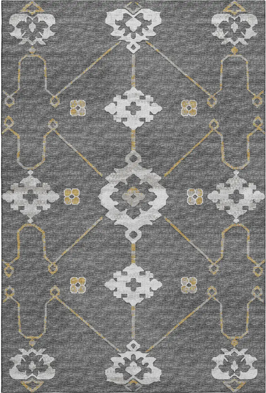 Gray Ivory And Gold Floral Medallion Washable Area Rug With UV Protection Photo 2