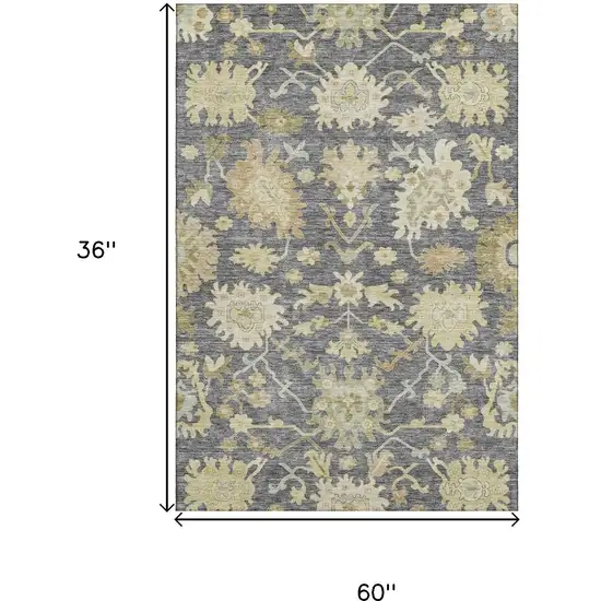 Gray Ivory And Gold Floral Medallion Washable Area Rug With UV Protection Photo 3