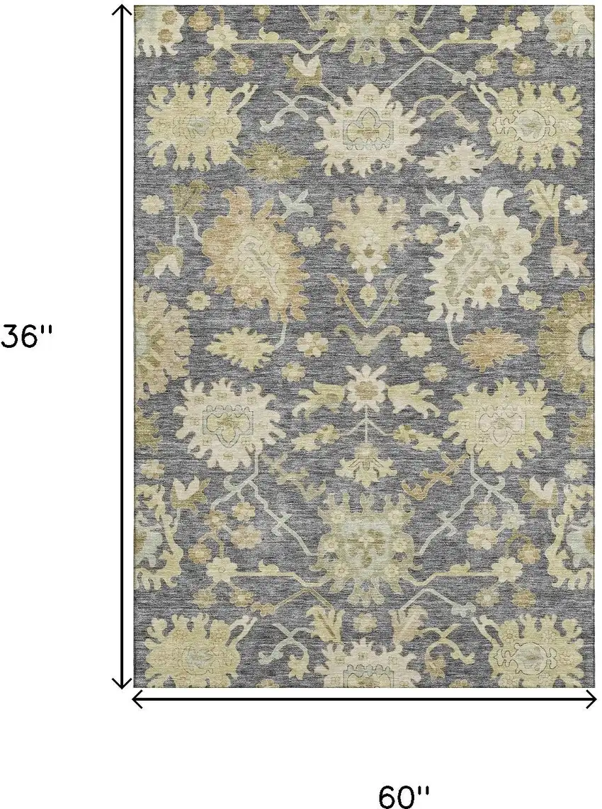 Gray Ivory And Gold Floral Medallion Washable Area Rug With UV Protection Photo 3