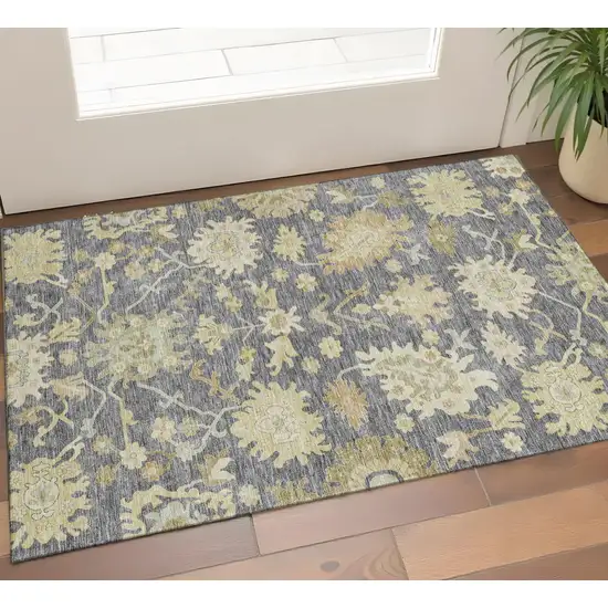 Gray Ivory And Gold Floral Medallion Washable Area Rug With UV Protection Photo 1