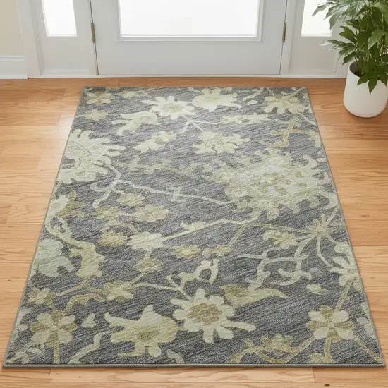 Gray Ivory And Gold Floral Medallion Washable Area Rug With UV Protection Photo 2