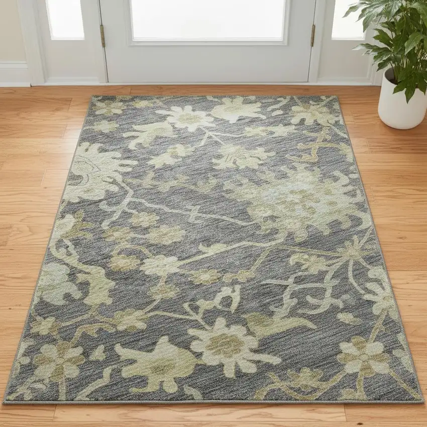 Gray Ivory And Gold Floral Medallion Washable Area Rug With UV Protection Photo 2