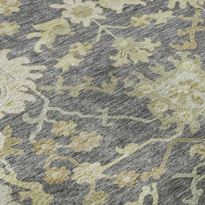 Gray Ivory And Gold Floral Medallion Washable Area Rug With UV Protection Photo 1