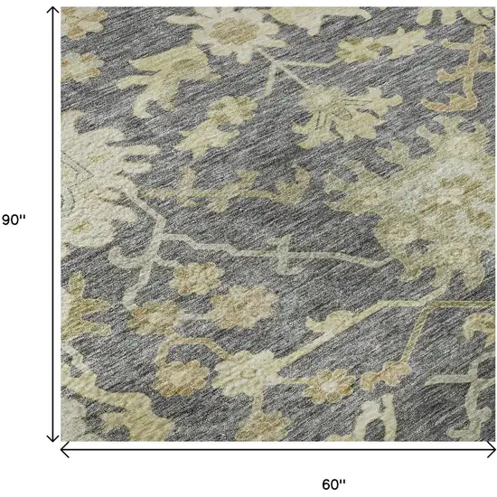 Gray Ivory And Gold Floral Medallion Washable Area Rug With UV Protection Photo 8