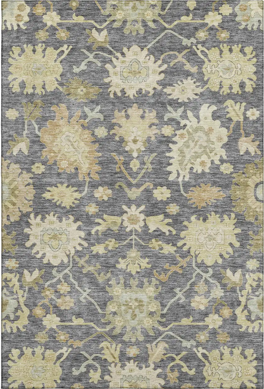 Gray Ivory And Gold Floral Medallion Washable Area Rug With UV Protection Photo 4