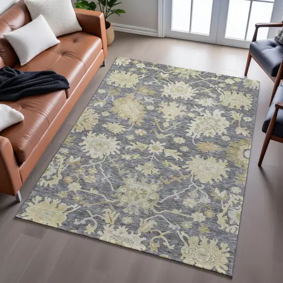 Gray Ivory And Gold Floral Medallion Washable Area Rug With UV Protection Photo 3