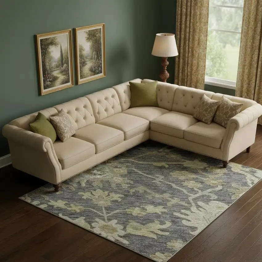 Gray Ivory And Gold Floral Medallion Washable Area Rug With UV Protection Photo 2