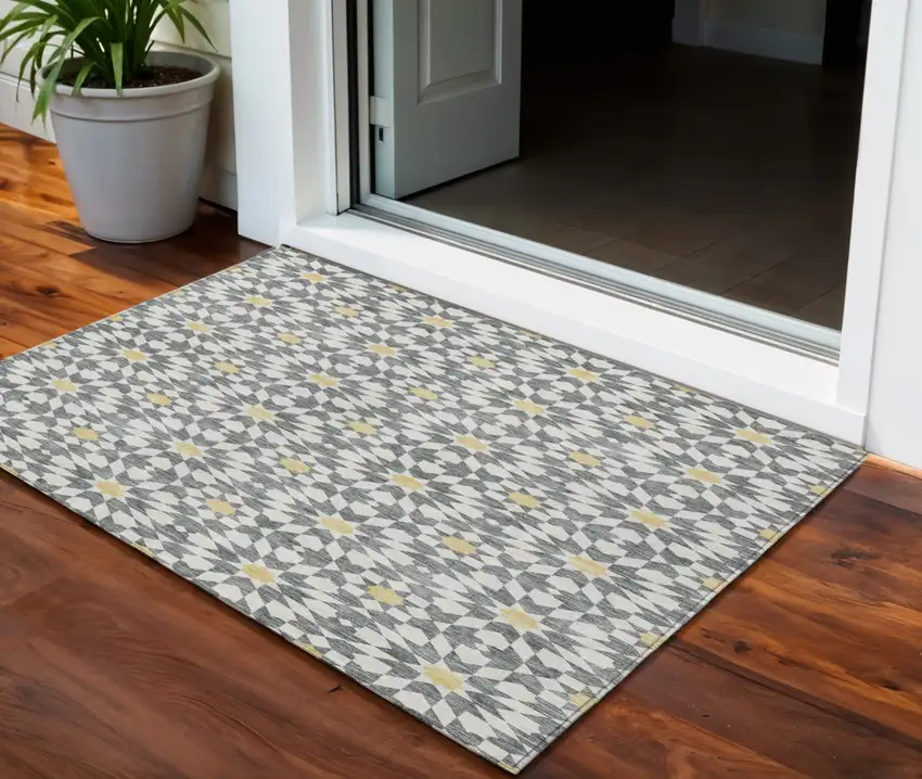 Gray Ivory And Gold Floral Medallion Washable Indoor Outdoor Area Rug Photo 1