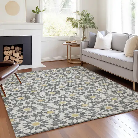 Gray Ivory And Gold Floral Medallion Washable Indoor Outdoor Area Rug Photo 8