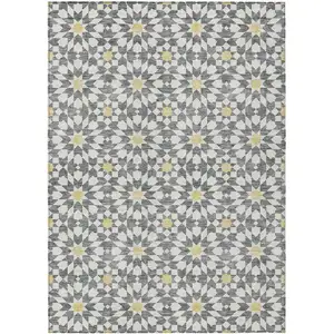 Photo of Gray Ivory And Gold Floral Medallion Washable Indoor Outdoor Area Rug