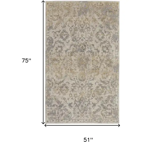Gray Ivory And Gold Floral Power Loom Distressed Area Rug Photo 9