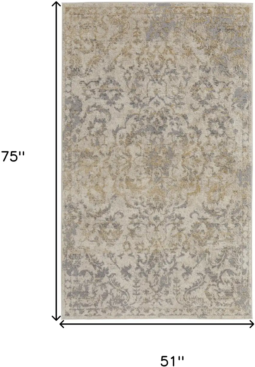 Gray Ivory And Gold Floral Power Loom Distressed Area Rug Photo 9