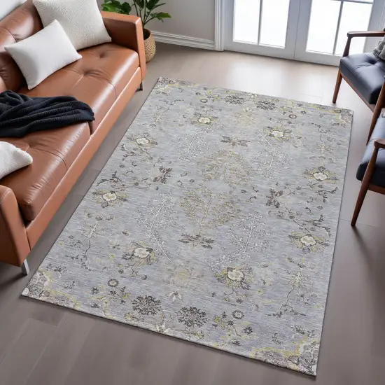 Gray Ivory And Gold Floral Washable Area Rug With UV Protection Photo 4