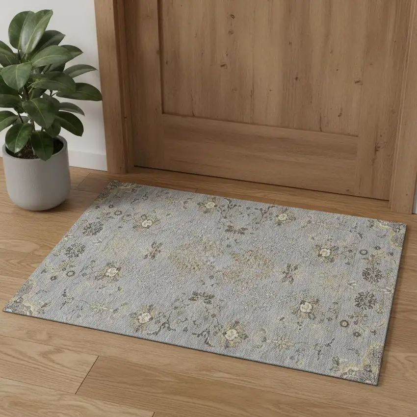Gray Ivory And Gold Floral Washable Area Rug With UV Protection Photo 1