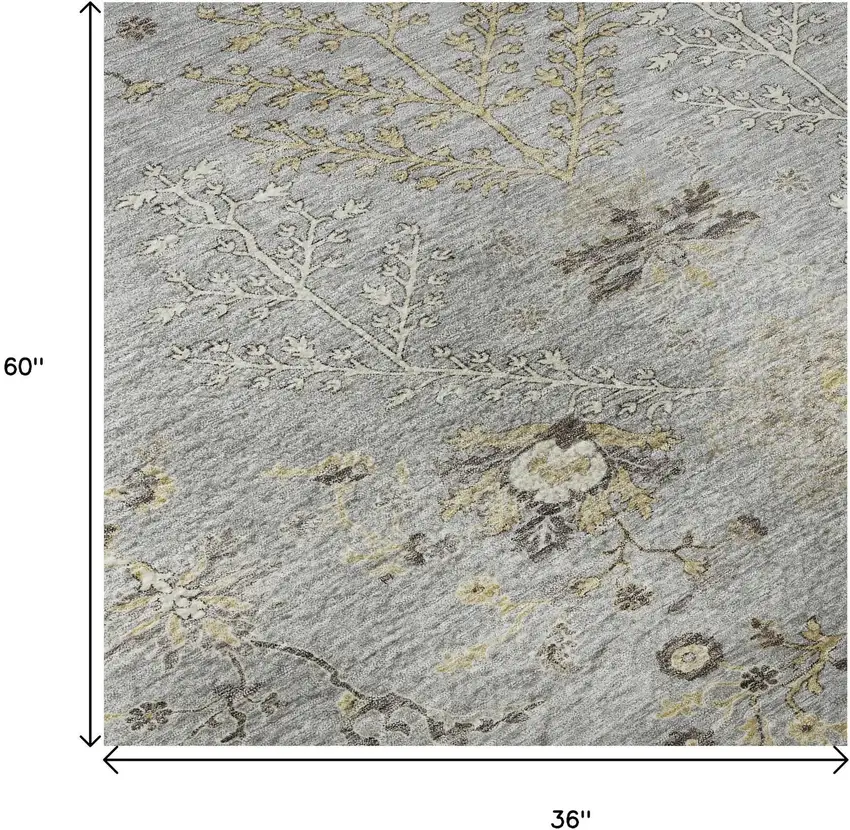 Gray Ivory And Gold Floral Washable Area Rug With UV Protection Photo 9