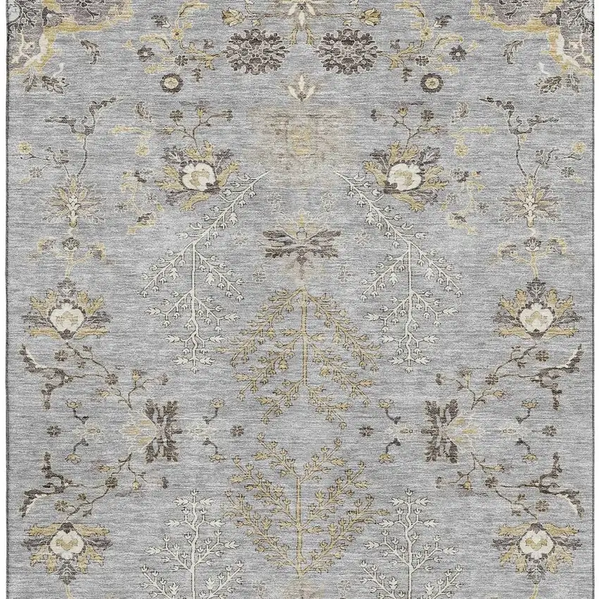 Gray Ivory And Gold Floral Washable Area Rug With UV Protection Photo 5