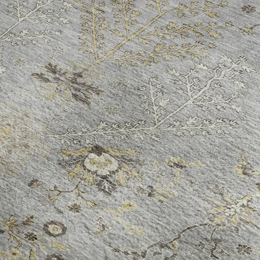 Gray Ivory And Gold Floral Washable Area Rug With UV Protection Photo 2