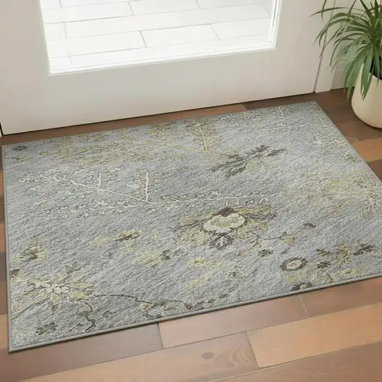 Gray Ivory And Gold Floral Washable Area Rug With UV Protection Photo 2