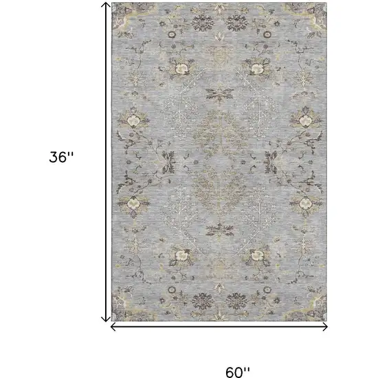 Gray Ivory And Gold Floral Washable Area Rug With UV Protection Photo 3