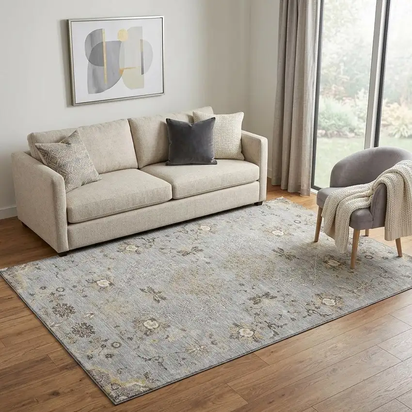 Gray Ivory And Gold Floral Washable Area Rug With UV Protection Photo 1