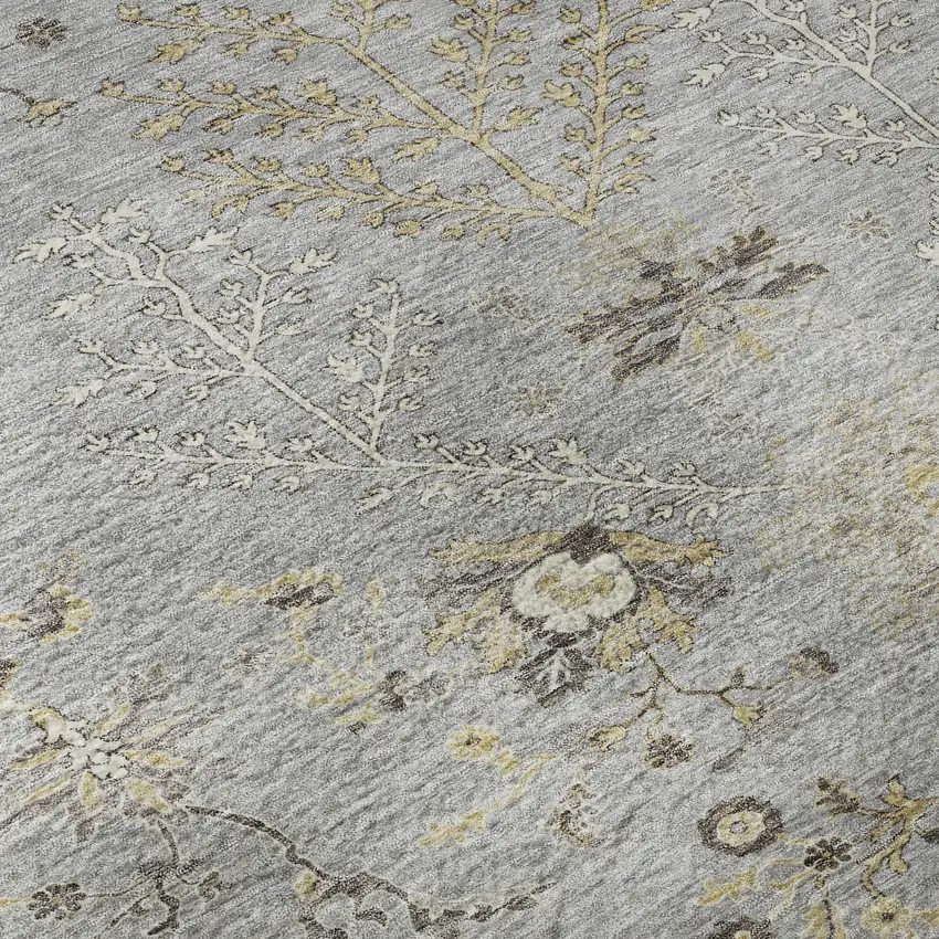 Gray Ivory And Gold Floral Washable Area Rug With UV Protection Photo 1
