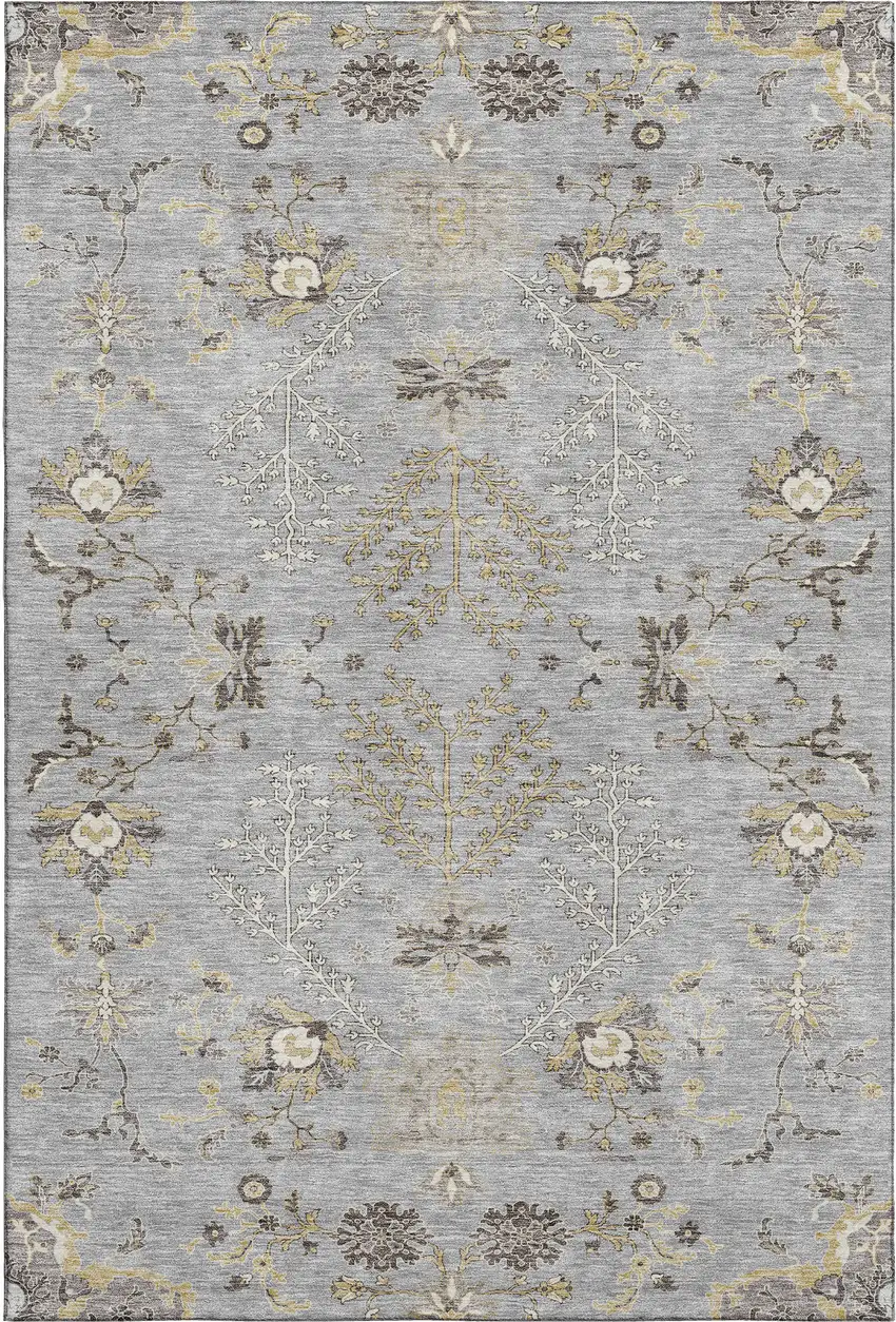 Gray Ivory And Gold Floral Washable Area Rug With UV Protection Photo 6