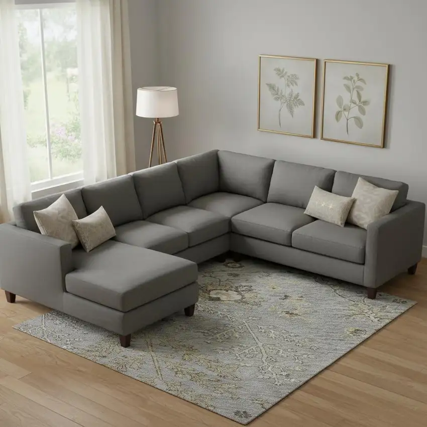 Gray Ivory And Gold Floral Washable Area Rug With UV Protection Photo 2