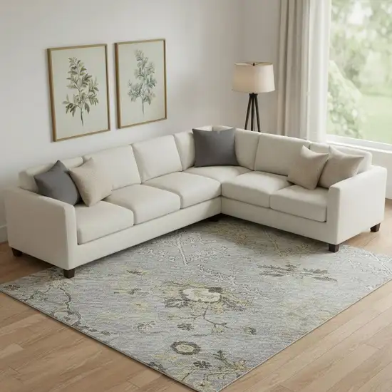 Gray Ivory And Gold Floral Washable Area Rug With UV Protection Photo 2