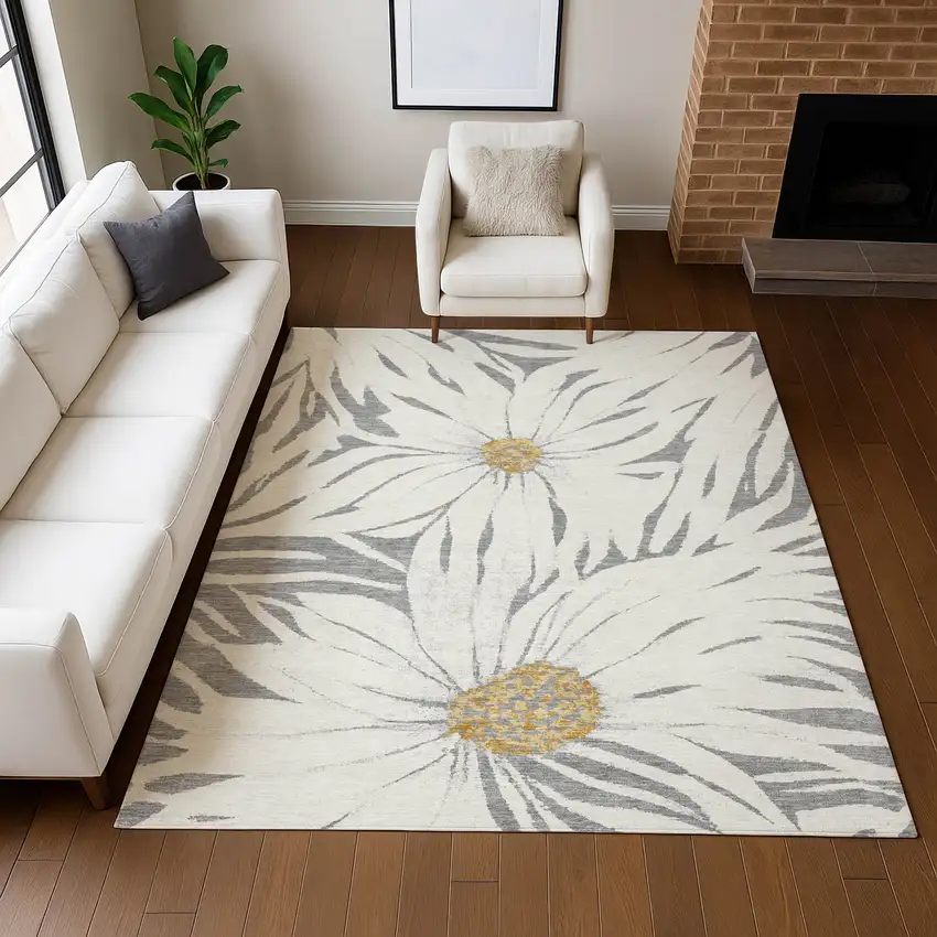 Gray Ivory And Gold Floral Washable Indoor Outdoor Area Rug Photo 8