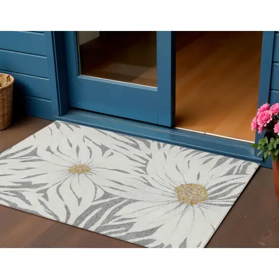 Gray Ivory And Gold Floral Washable Indoor Outdoor Area Rug Photo 1
