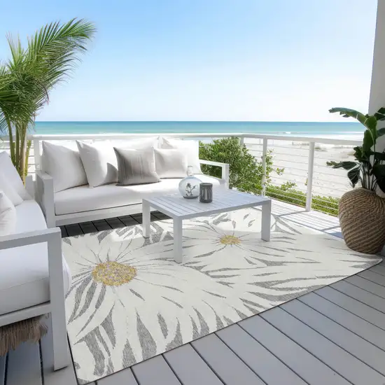 Gray Ivory And Gold Floral Washable Indoor Outdoor Area Rug Photo 9