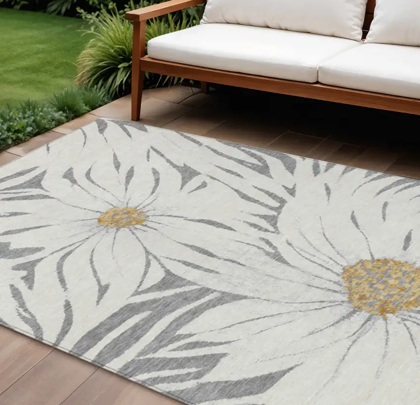 Gray Ivory And Gold Floral Washable Indoor Outdoor Area Rug Photo 1