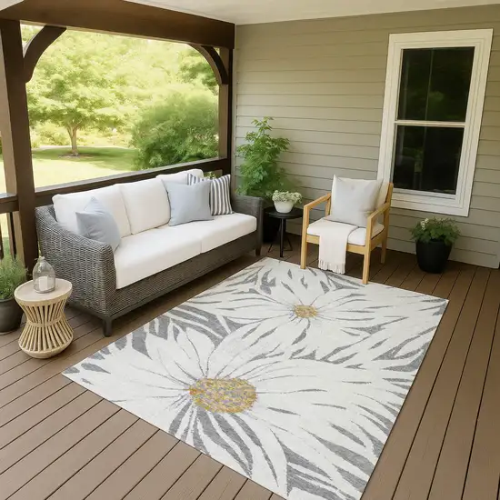 Gray Ivory And Gold Floral Washable Indoor Outdoor Area Rug Photo 7