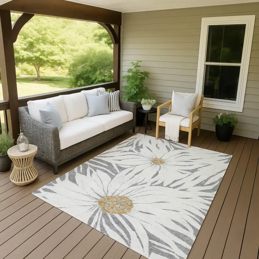 Gray Ivory And Gold Floral Washable Indoor Outdoor Area Rug Photo 7