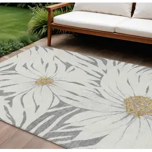 Photo of Gray Ivory And Gold Floral Washable Indoor Outdoor Area Rug