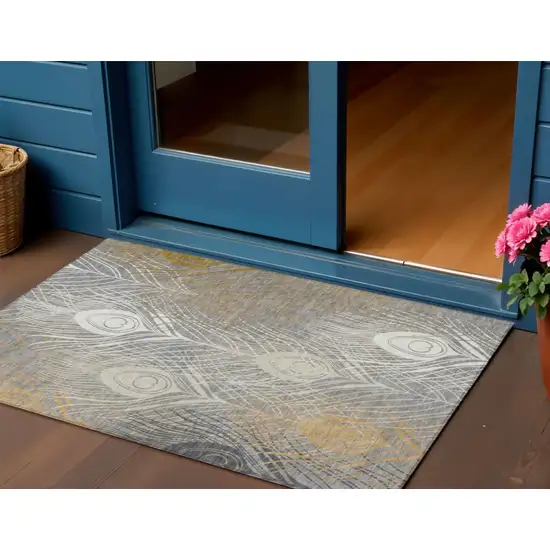 Gray Ivory And Gold Floral Washable Indoor Outdoor Area Rug Photo 1