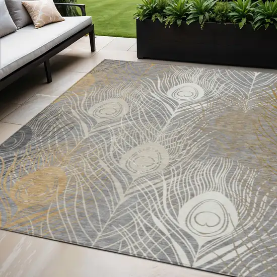 Gray Ivory And Gold Floral Washable Indoor Outdoor Area Rug Photo 1